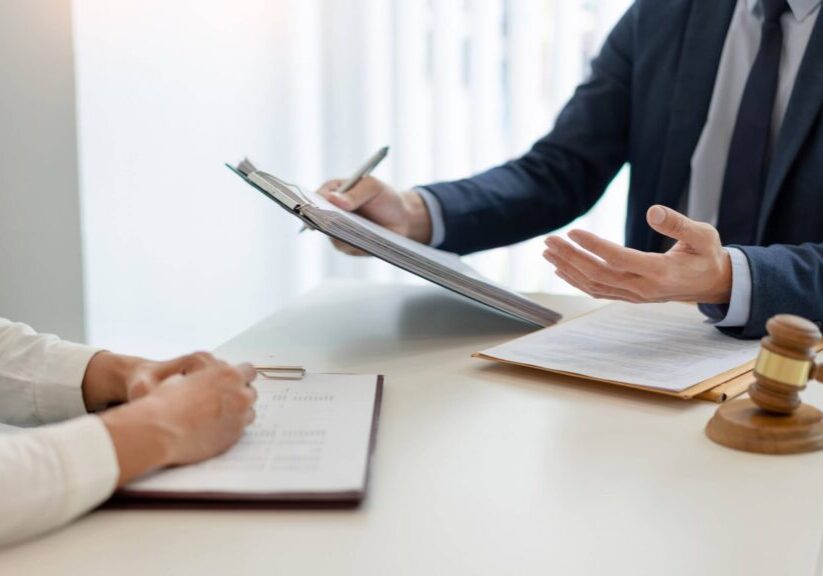 Two people discussing documents with gavel nearby.